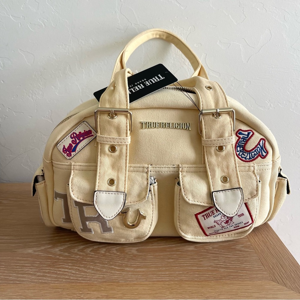 True Religion Y2K Butter Yellow Multi Patch Bratz Denim Jean Shoulder Bag Purse